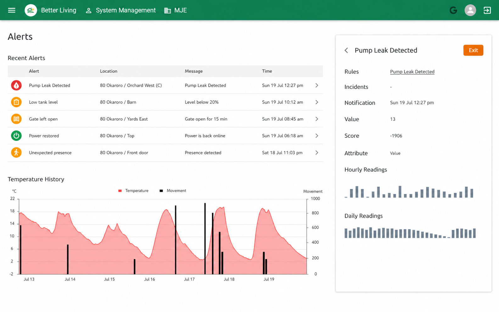 BetterLiving alerts and notification history screen