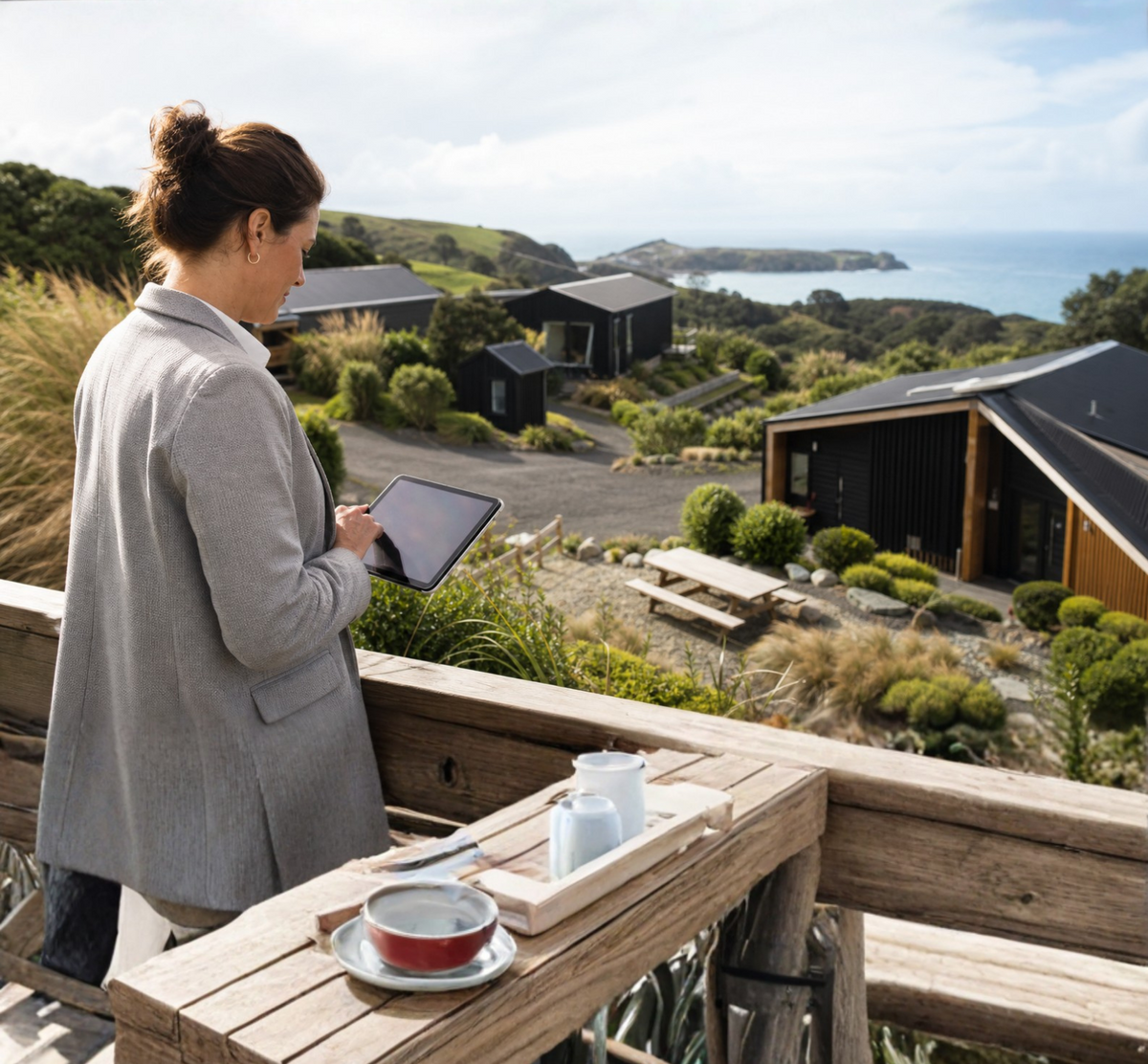A woman in a light gray blazer stands on a wooden balcony at a coastal resort, looking at a tablet. In the foreground, a wooden table holds a red bowl, a white mug, and a small bottle.