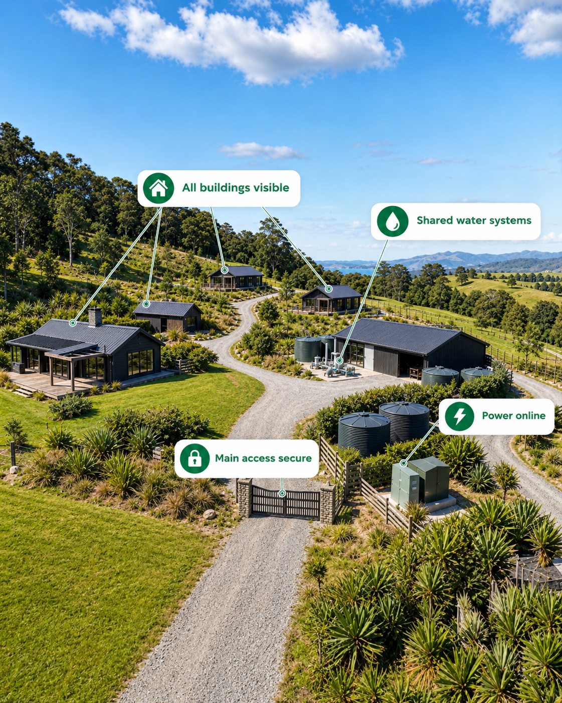 Aerial view of a rural property with several modern cabins, a gravel driveway, green hills, trees, and overlaid callout labels pointing out features such as visible buildings, shared water systems, main access security, and power online.