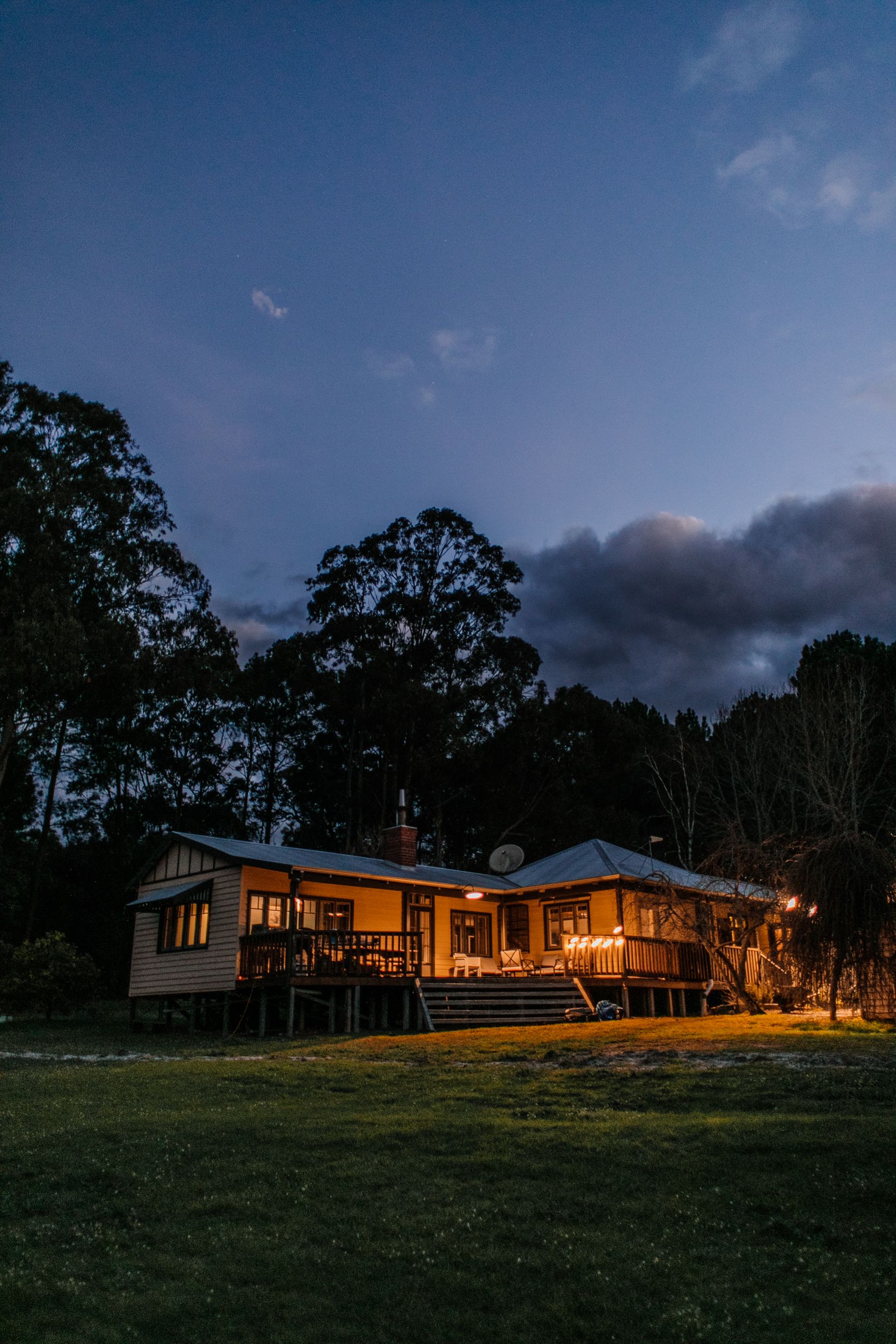Illuminated remote country home monitored for security and power status