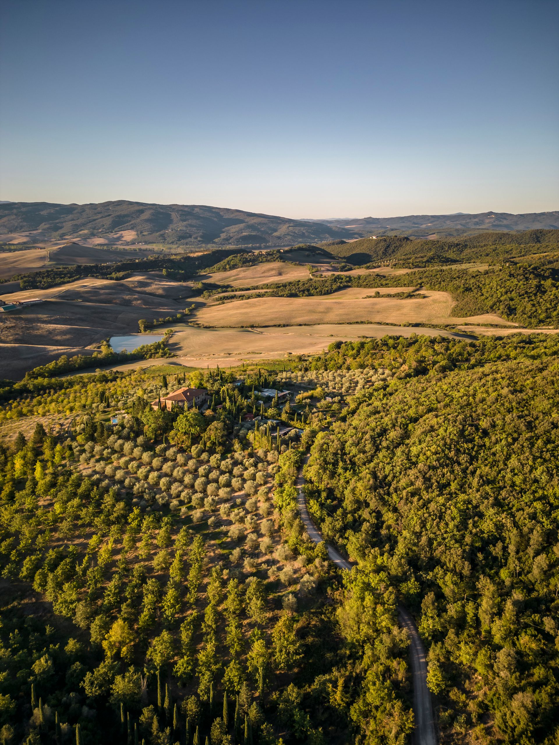 Aerial view of a secluded rural lifestyle property surrounded by open countryside