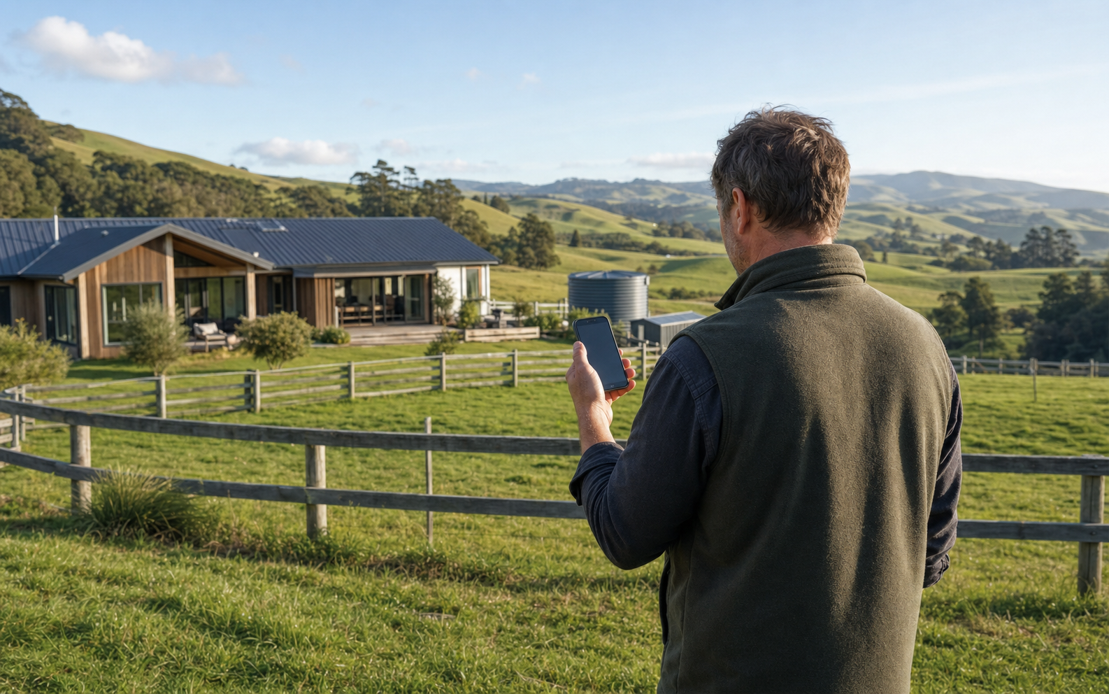 Rural property owner monitoring their lifestyle property from a smartphone