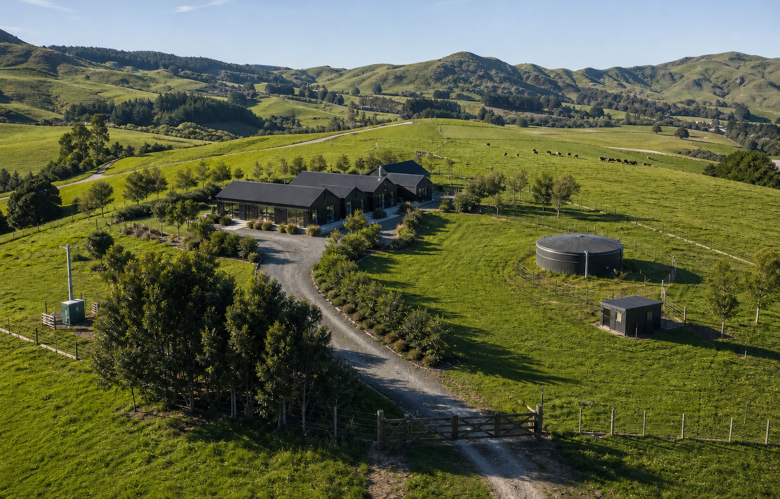 Aerial rural property monitored across water, gates, power and property activity